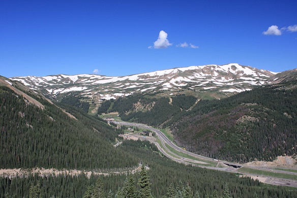 A view of I-70 on the way to Denver. The Eisenhower Tunnel entrance is just to the left of center. 