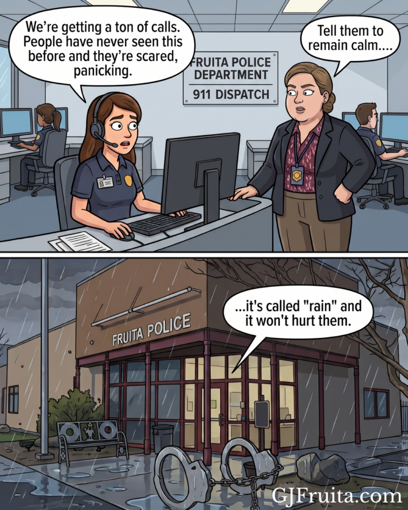 A 2 panel cartoon showing the Fruita Police Department dealing with the rain.