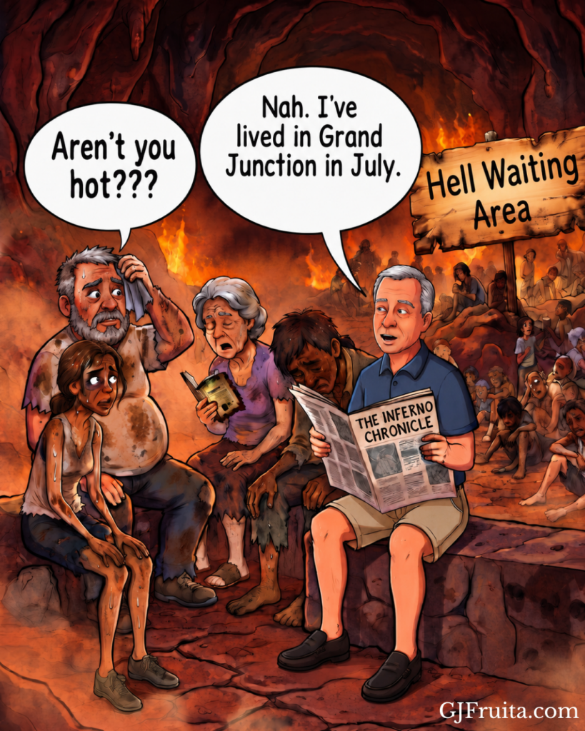 A cartoon about the heat in Grand Junction in July, comparing it to Hell.