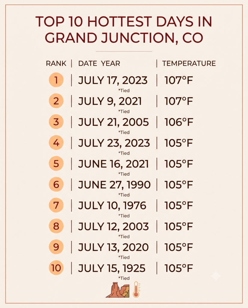 An image showing the top 10 hottest days in Grand Junction History.