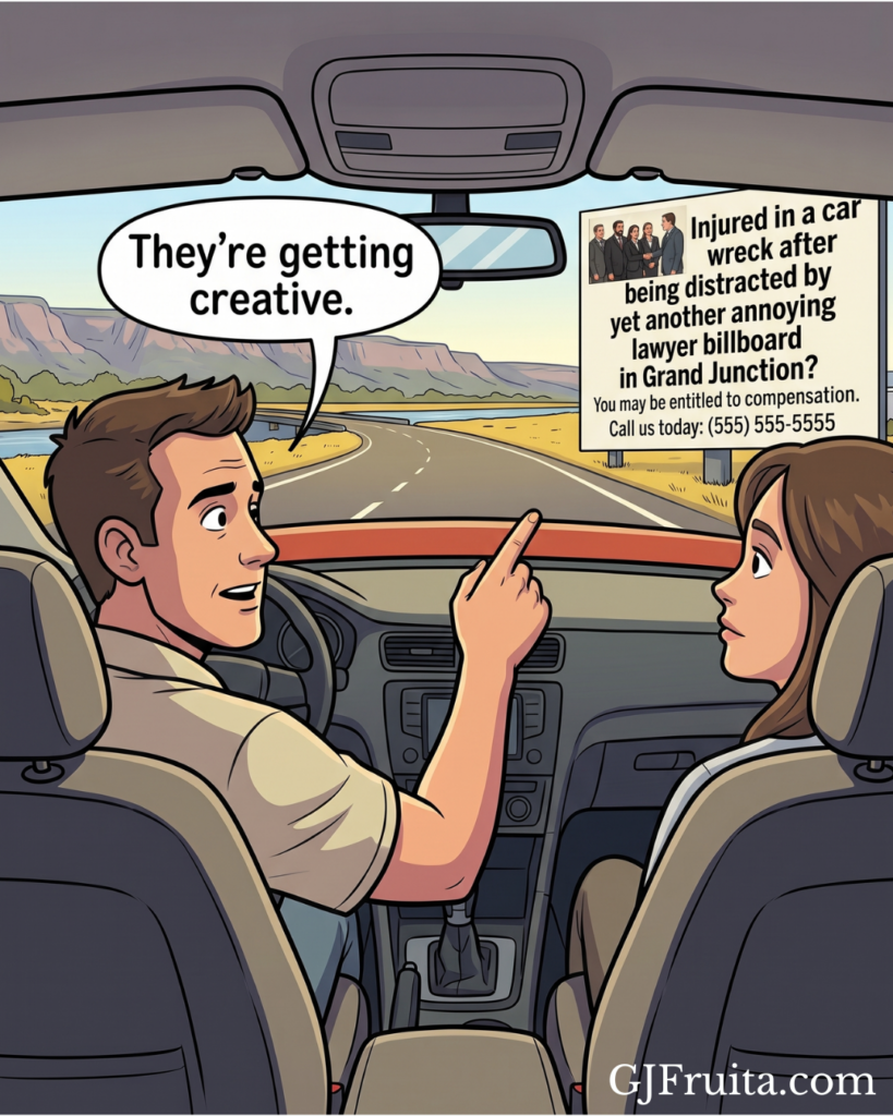 1 panel cartoon featuring drivers talking about a personal injury lawyer billboard.